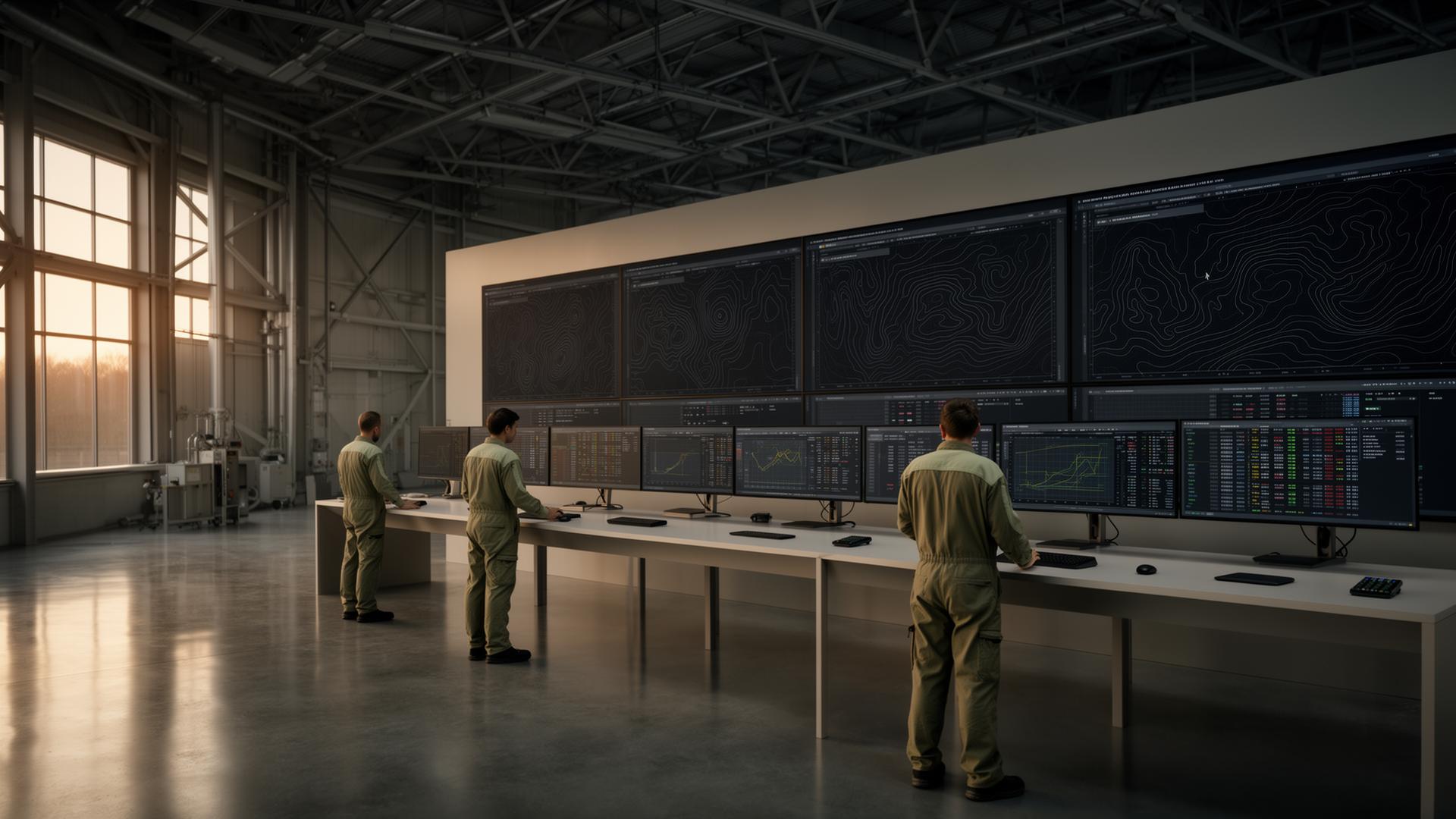 Operations control room — engineers reviewing infrastructure telemetry at dawn